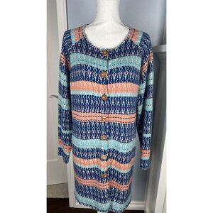 Sundance Cotton Merino Wool Blend Petite L Longline Boho Aztec Print Cardigan